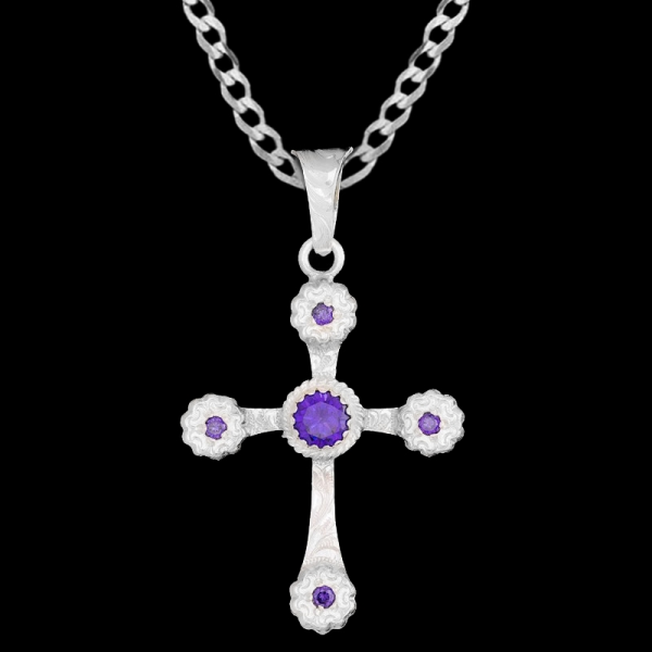 Ruth, Silver Plated 1.6"x2.3" Cross, flowers, hand-engraved details, and Cubic Zirconia.

Chain not included.